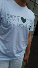 Load image into Gallery viewer, Unisex: Unf*ck the World Tee in White w Pine Green
