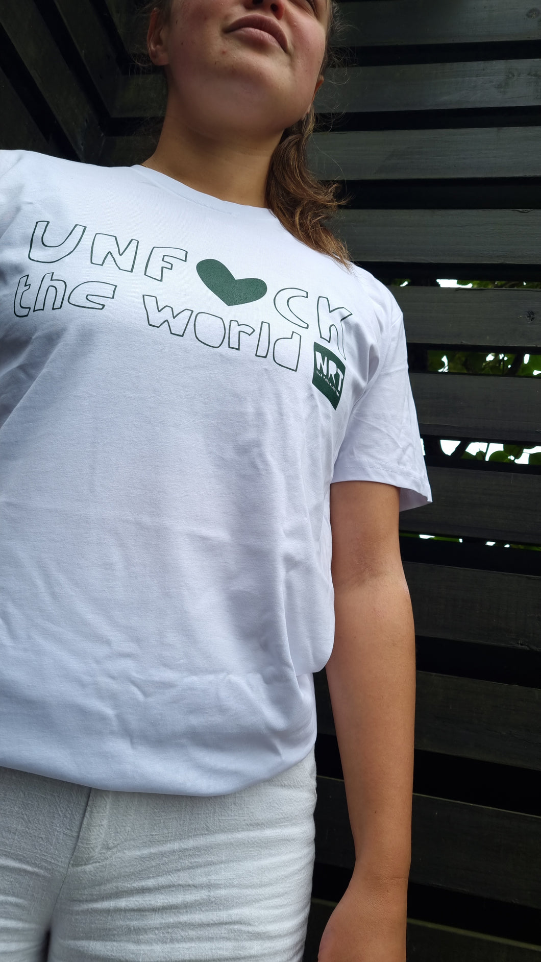 Unisex: Unf*ck the World Tee in White w Pine Green