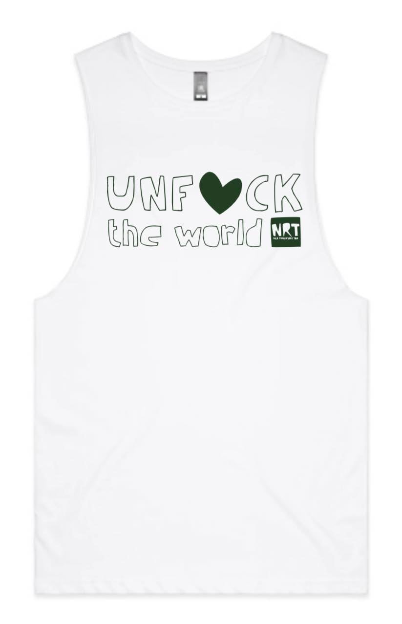 Unisex: Unf*ck the World Barnard Tank in White w Pine Green