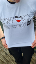 Load image into Gallery viewer, Unisex: Unf*ck the World Tee in White w Tino
