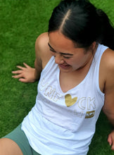 Load image into Gallery viewer, Unf*ck the World Racerback Singlet White w Gold
