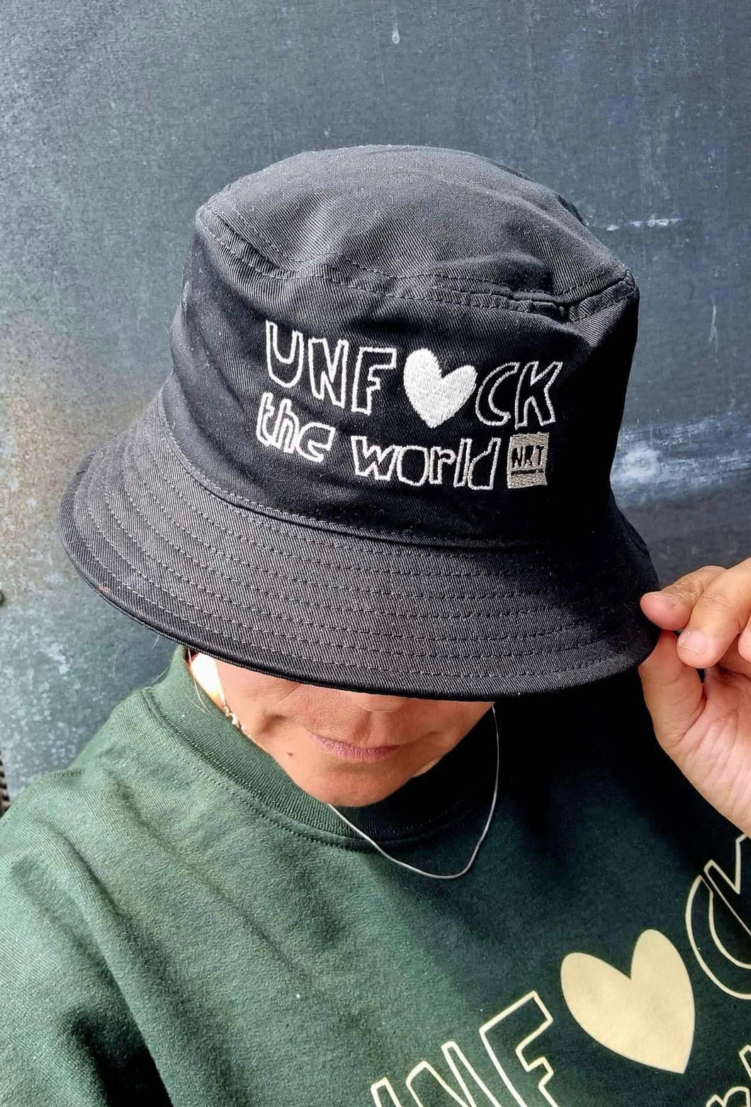 Unisex: Unf*ck The World Bucket Hat in Black w Silver