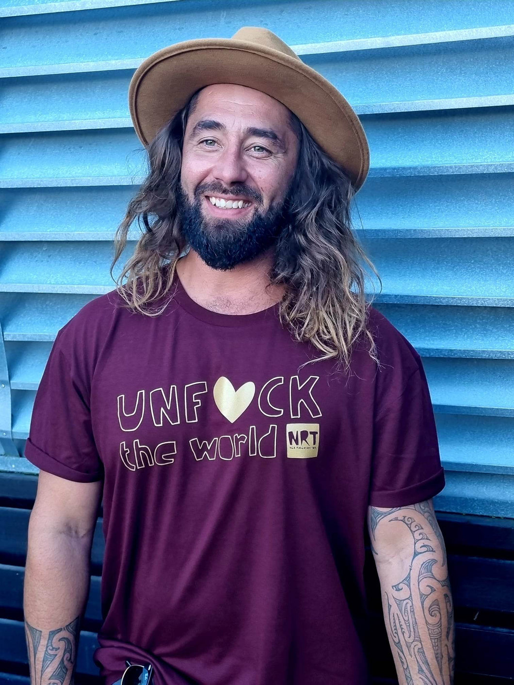 Mens: Unf*ck the World Tee in Maroon w Gold