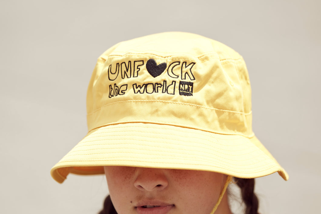 Unisex: Unf*ck The World Bucket Hat in Yellow w Black