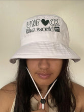 Load image into Gallery viewer, Unisex: Unf*ck The World Bucket Hat in White w Pine Green
